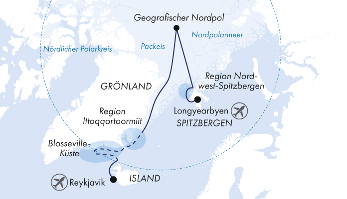 Routenkarte: 90° Nord und Ostgrönland