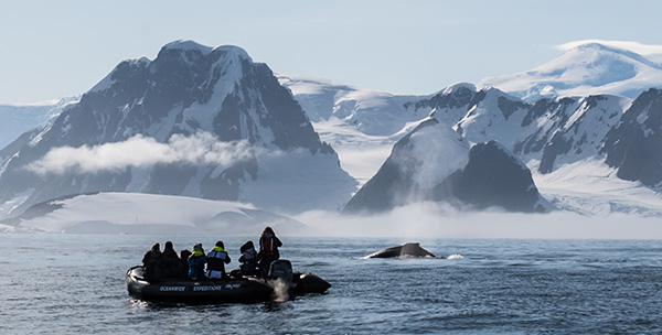 a group of people on a boat in the water with a whale in the background
