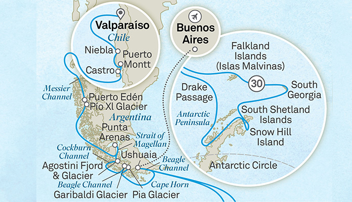 Routenkarte: Chilenische Fjorde, Falkland, Südgeorgien und Antarktis