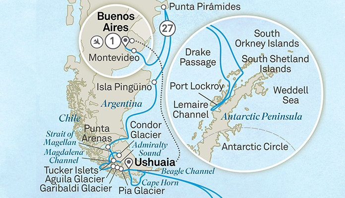 Routenkarte: Erlebnis Patagonien & Antarktis