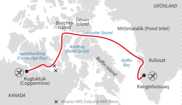 Routenkarte: Nordwestpassage von Ost nach West