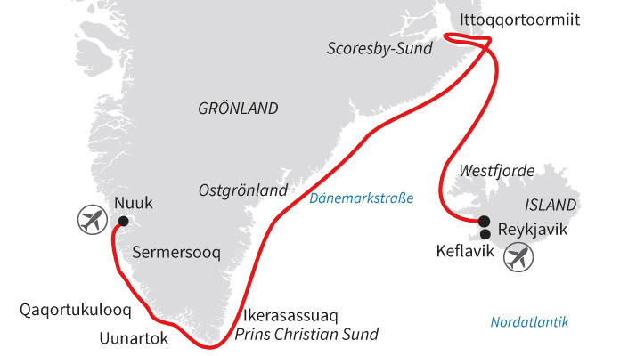 Routenkarte: Ostgrönland: Geschichten aus Eis und Licht