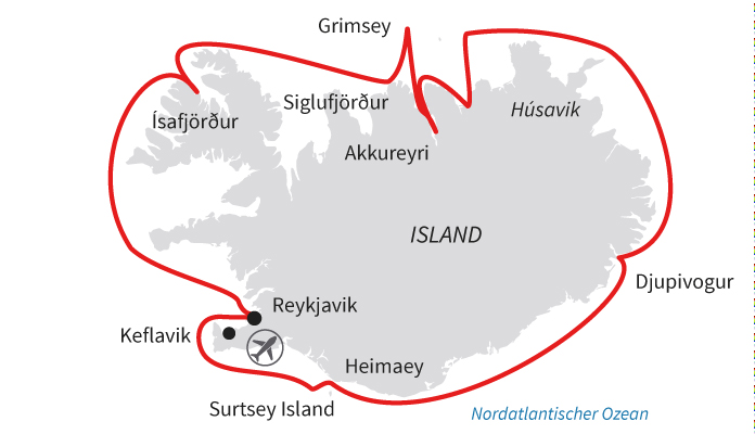Routenkarte: Höhepunkte Islands