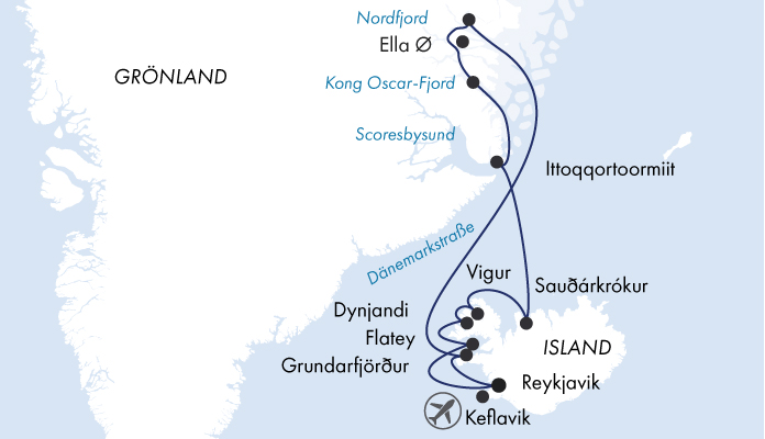 Routenkarte: Ostgrönland & Island