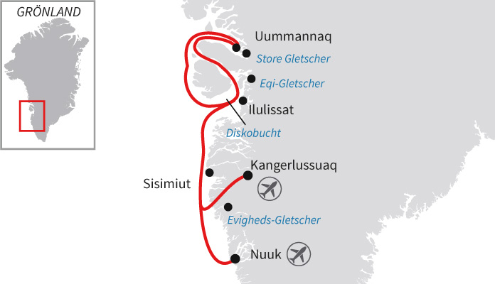 Routenkarte: Eisberge und Inuit-Kultur in Westgrönland