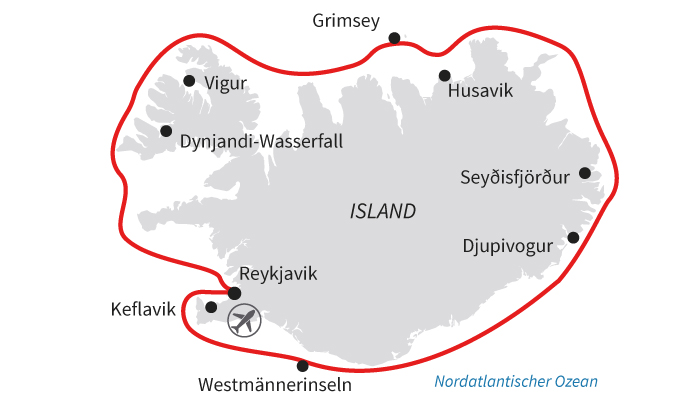 Routenkarte: Island: Berge, Vulkane und Wasserfälle