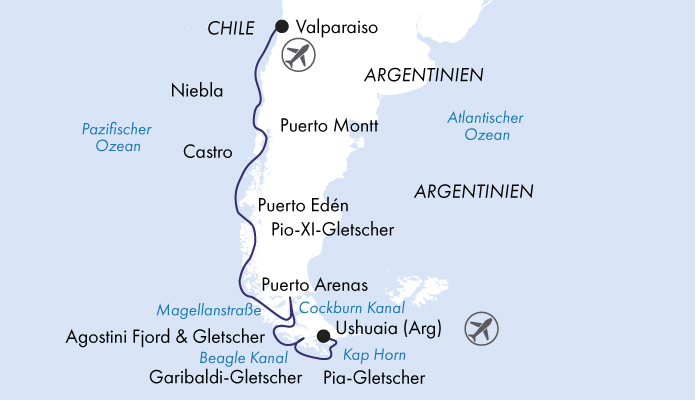 Routenkarte: Chilenische Fjorde und Gletscher