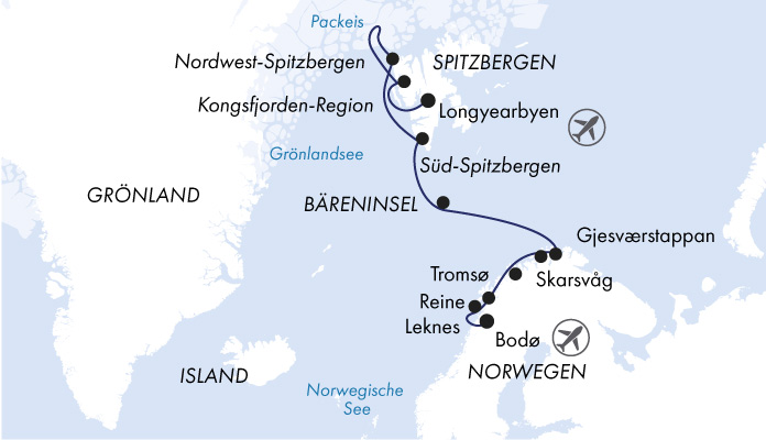 Routenkarte: Norwegens Küste bis Spitzbergen