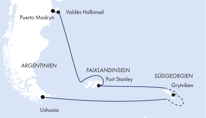 Routenkarte: Tierparadiese Südgeorgien & Falklandinseln