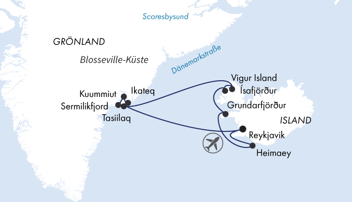 Routenkarte: Von Islands Küsten nach Ostgrönland